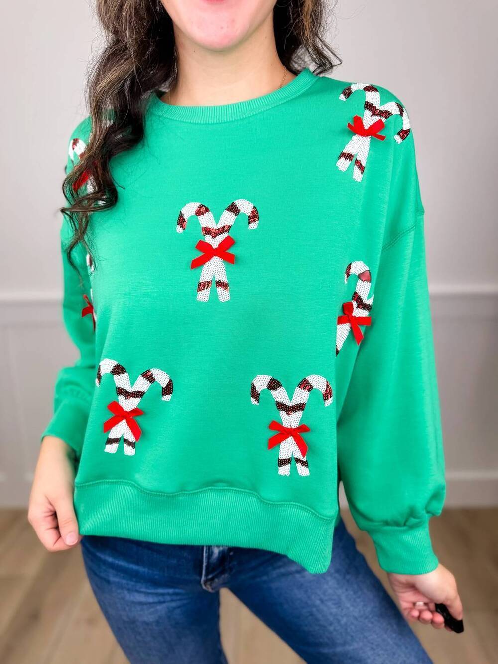 NEW MARY SQUARE candy cane pair long sleeve graphic top in green